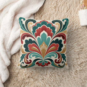 Coussin Fleur Ornementale Téale-Rouge Élégante