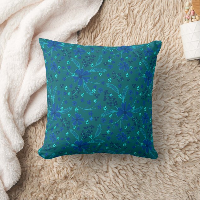 Coussin Fleur retro bleu turquoise foncé monochromatique  (Couverture)
