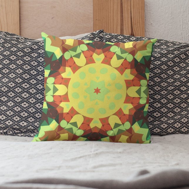 Coussin Fleur rétro Mandala jaune orange et vert (Créateur téléchargé)