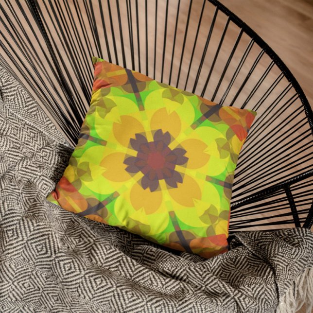 Coussin Fleur rétro Mandala jaune orange et vert (Créateur téléchargé)