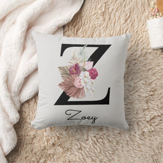 Coussin Fleur rose boho initiale Z monogrammée (Couverture)