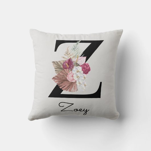 Coussin Fleur rose boho initiale Z monogrammée (Verso)