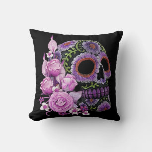 Coussin Fleur rose Crâne de sucre noir Jour des morts