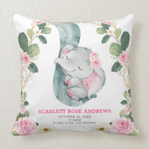 Coussin Fleur rose Eléphant Naissance Statistiques Fille N