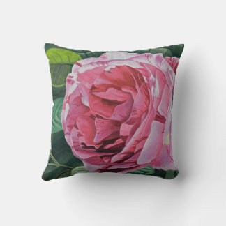 Coussin Fleur rose Peony avec feuilles verts, carré