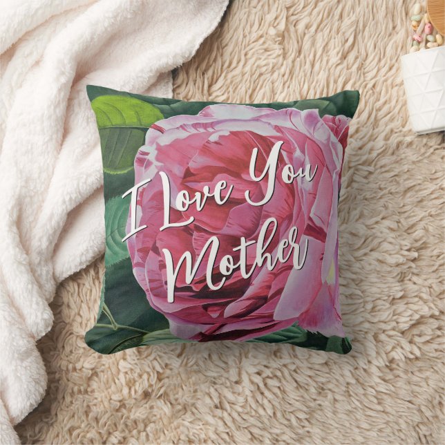 Coussin Fleur rose Peony avec feuilles verts et mots (Couverture)