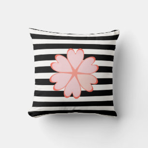 Coussin Fleur rose sur rayures noires et blanches