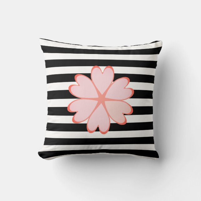 Coussin Fleur rose sur rayures noires et blanches (Recto)