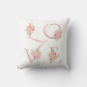 Coussin Fleur rose vif Love typographie Valentines Day