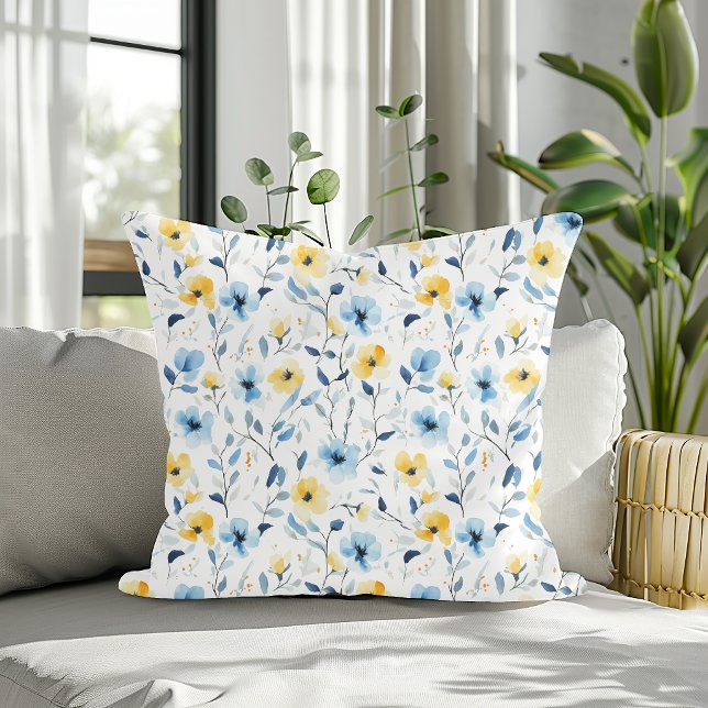 Coussin Fleur sauvage aquarelle bleu jaune  (Créateur téléchargé)