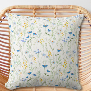 Coussin Fleur sauvage aquarelle bleu jaune