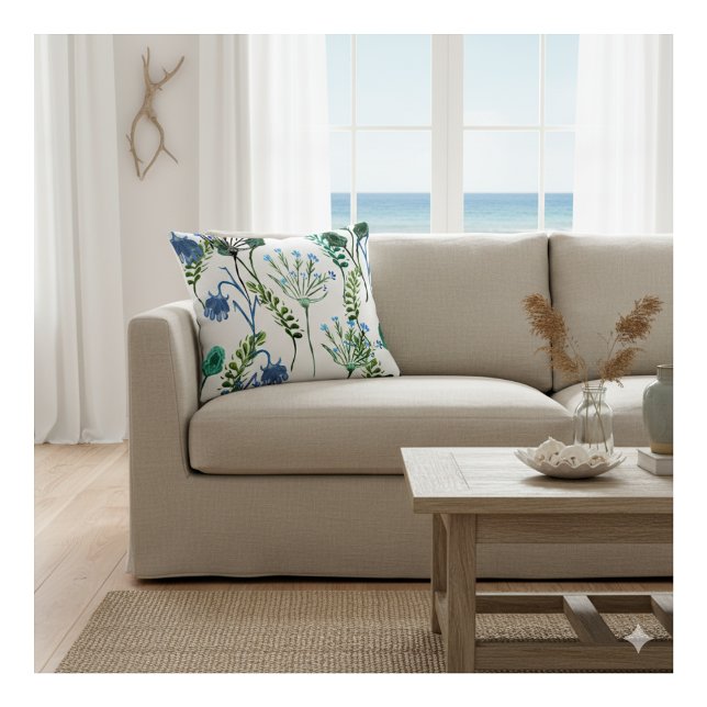 Coussin Fleur sauvage aquarelle bleu vert  (Créateur téléchargé)