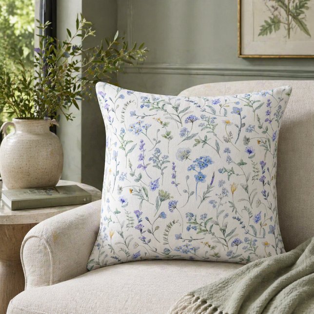 Coussin Fleur sauvage aquarelle bleu violet (Créateur téléchargé)