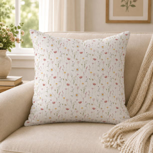 Coussin Fleur sauvage aquarelle rose poussiéreux