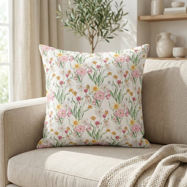 Coussin Fleur sauvage aquarelle rose vert (Pink Green Watercolor Wildflower Floral Throw Pillow)