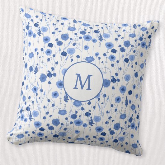 Coussin Fleur sauvage blanche bleue Monogramme Initial Flo