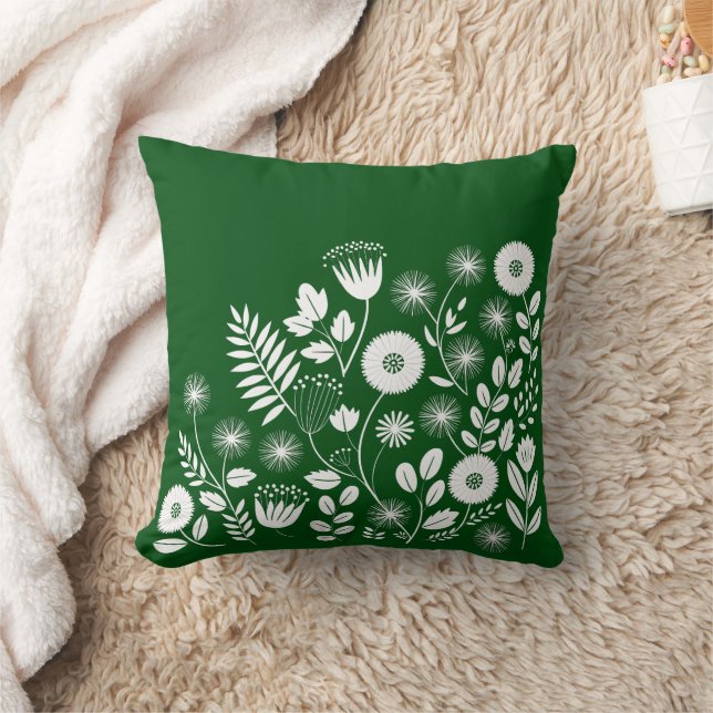 Coussin Fleur sauvage Boho vert et blanc (Couverture)