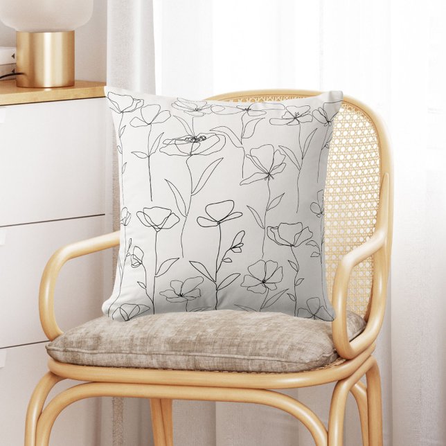 Coussin Fleur sauvage de pavot noir et blanc minimal flora (In situ)