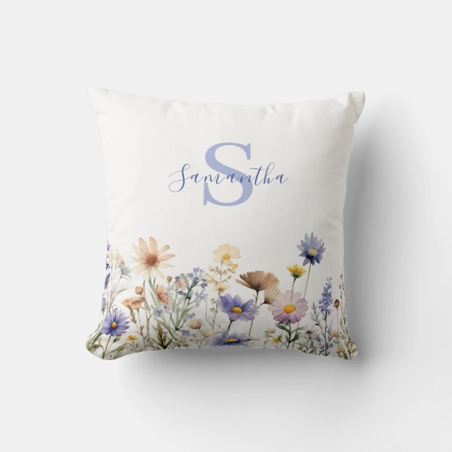 Coussin Fleur sauvage floral bleu personnalisé (Recto)