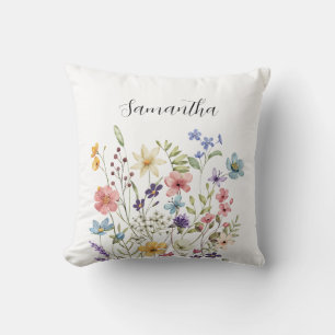 Coussin Fleur sauvage personnalisée à l'aquarelle rose ble
