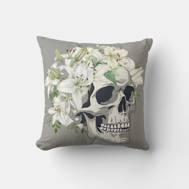 Coussin Fleur silencieuse : Crâne et Lys blancs (Recto)