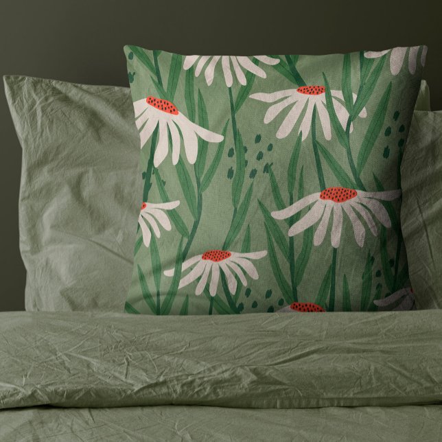 Coussin Fleur Tirée main verte Sage (Chamomile Flower in a sage green background of soft warm cream color make this design a great choice)