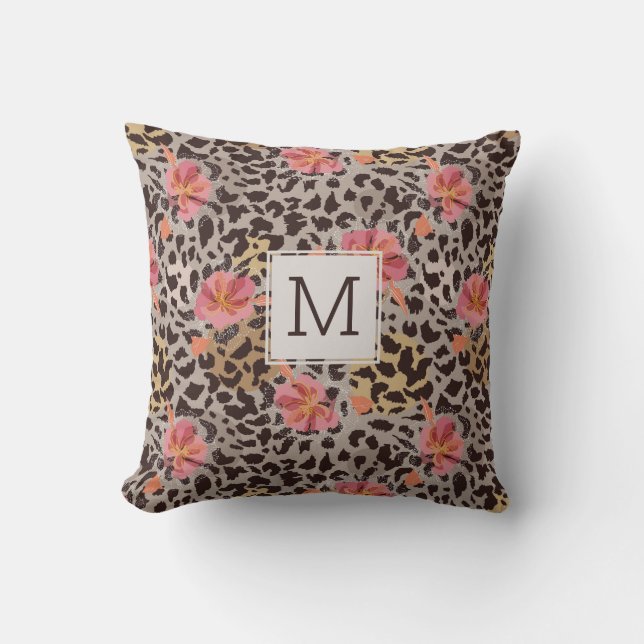 Coussin Fleur tropicale Empreinte de léopard, Monogramme (Recto)