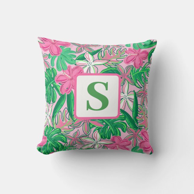 Coussin Fleur tropicale Monogramme rose blanc vert Preppy (Recto)