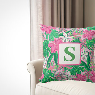 Coussin Fleur tropicale Monogramme rose blanc vert Preppy