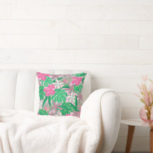Coussin Fleur tropicale rose blanc vert Preppy
