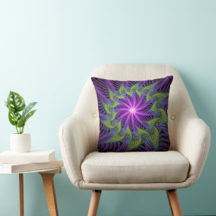 Coussin Fleur verte violette Art abstrait fractal moderne