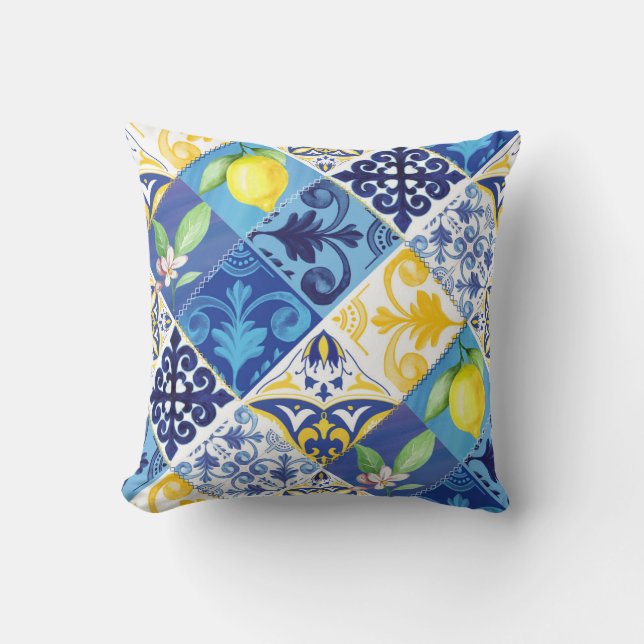 Coussin fleurie de citron jaune et bleu. Sicilien (Recto)