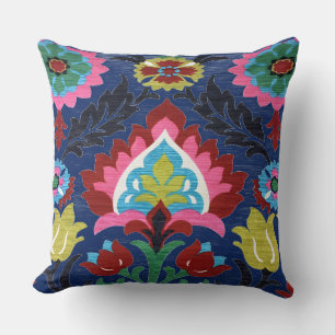 Coussin Fleuris folkloriques colorés bleu foncé