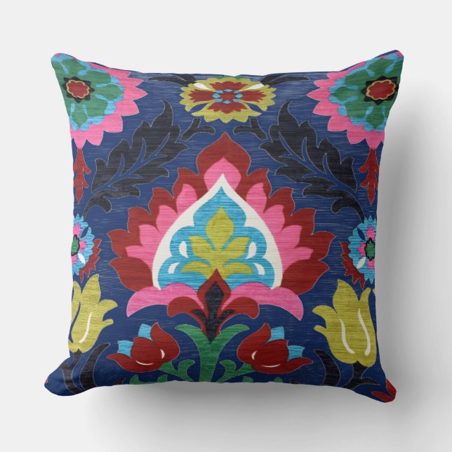 Coussin Fleuris folkloriques colorés bleu foncé (Recto)