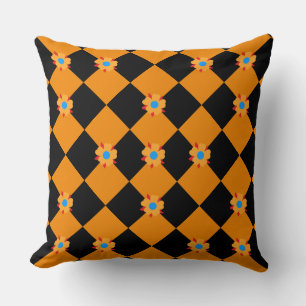Coussin Fleurs à carreaux orange et noir