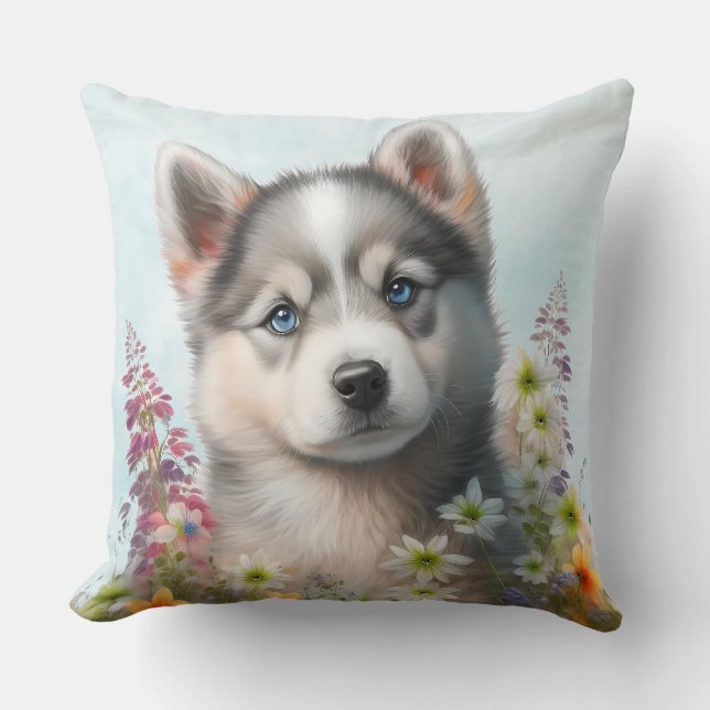 Coussin Fleurs à l'aquarelle et chiot husky sibérien (Recto)