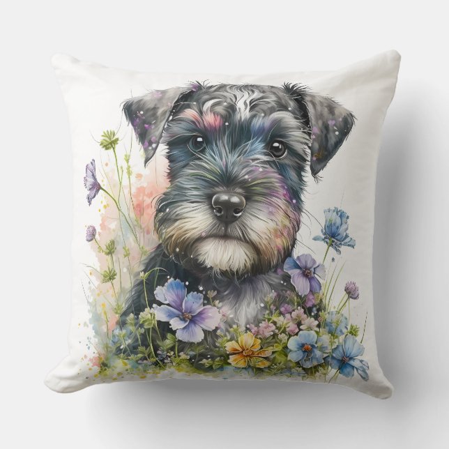 Coussin Fleurs à l'aquarelle et chiot schnauzer (Recto)