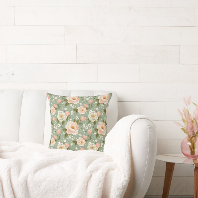 Coussin Fleurs à l'aquarelle pêche et vert (Canapé)
