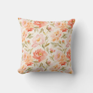 Coussin Fleurs à l'aquarelle Rose Orange Feuilles Vertes
