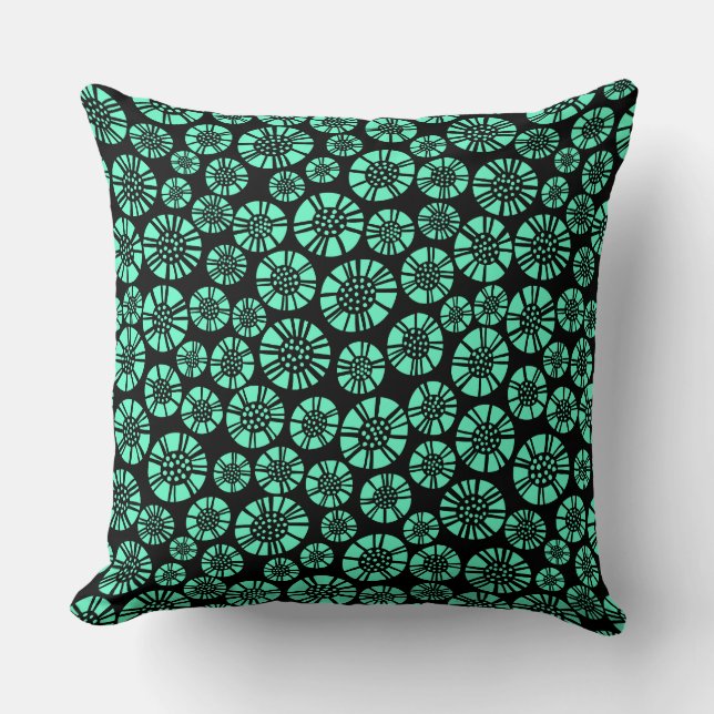 Coussin Fleurs Abstraites 031023 - Turquoise sur noir (Recto)