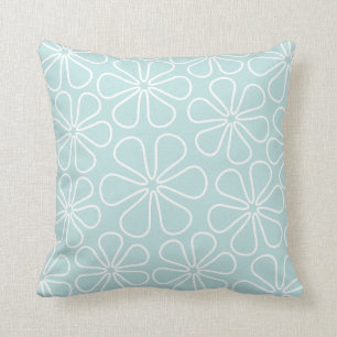 Coussin Fleurs Abstraites blanches sur bleu d'oeuf de cana