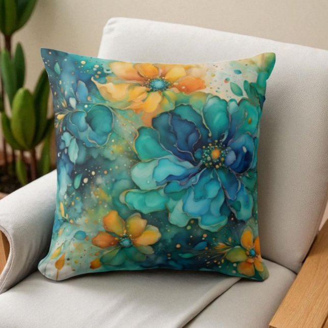 Coussin Fleurs abstraites bleu vert turquoise or orange (Créateur téléchargé)