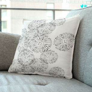 Coussin Fleurs abstraites de printemps noir et blanc