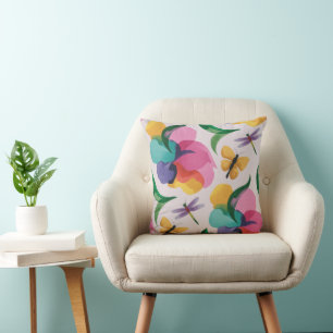 Coussin Fleurs Abstraites et Papillons Pastel