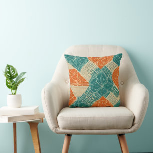 Coussin Fleurs abstraites sarcelle, orange et chamois