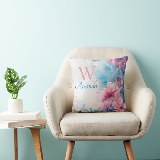 Coussin Fleurs Aquarelle douce en rose et bleu (Chaise)