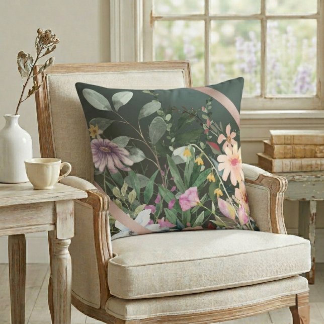 Coussin Fleurs Aquarelle Vintage Gris Foncé  (Créateur téléchargé)