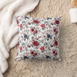Coussin Fleurs aquarelle vintage rouge bleu crème 