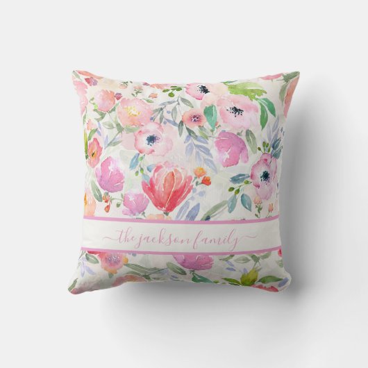 Coussin Fleurs aquarellées roses monogramme script (Verso)