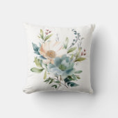 Coussin Fleurs aquarelles bleu poussiéreux beige pêche (Recto)